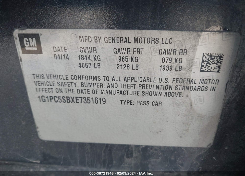 2014 CHEVROLET CRUZE 1LT AUTO VIN: 1G1PC5SBXE7351619