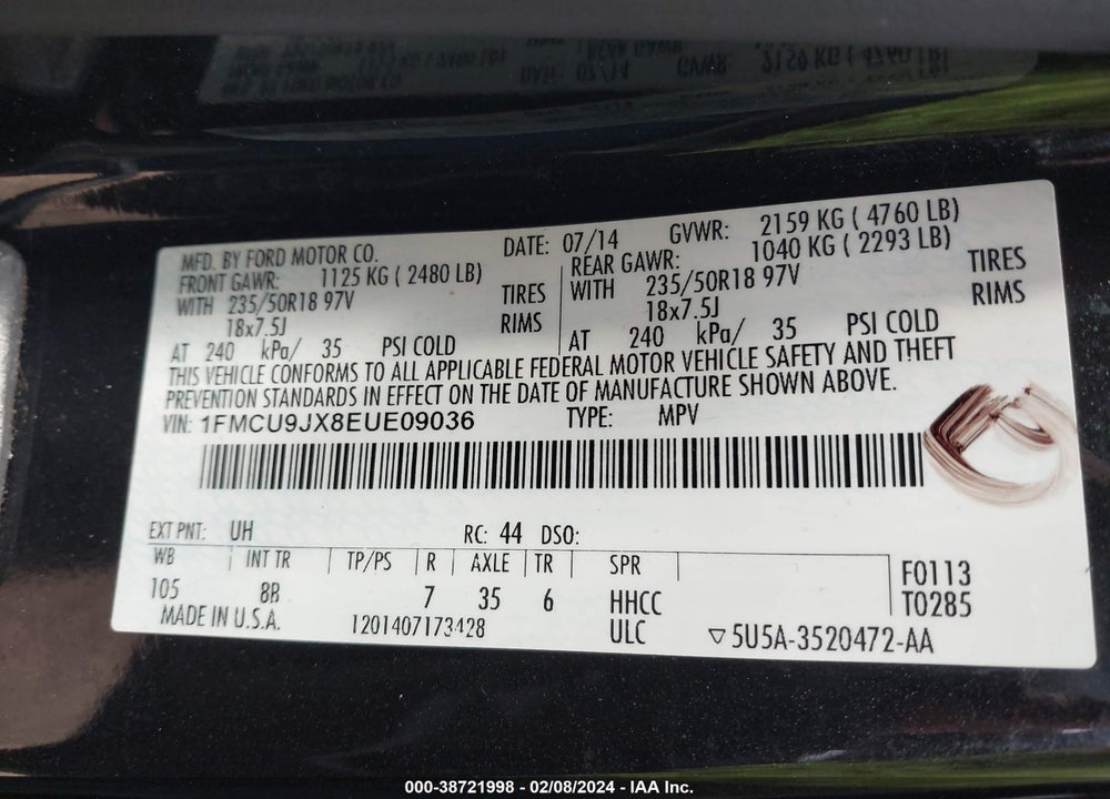 2014 FORD ESCAPE TITANIUM VIN: 1FMCU9JX8EUE09036