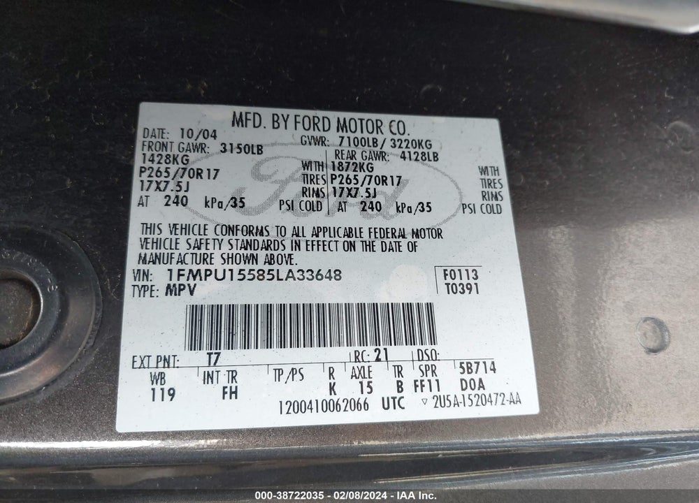 2005 FORD EXPEDITION XLT VIN: 1FMPU15585LA33648