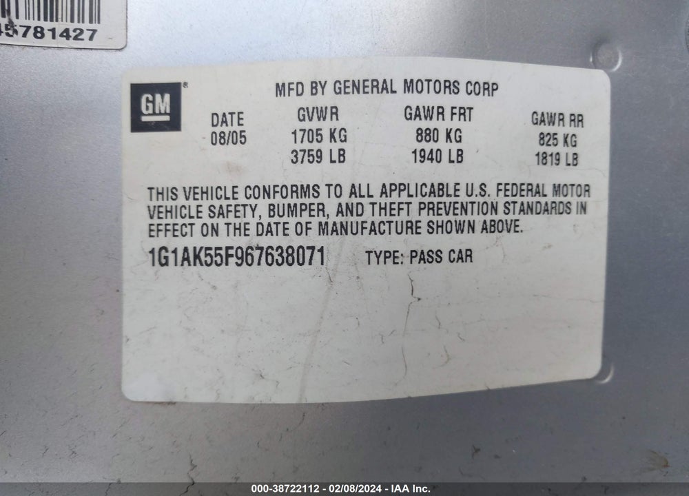 2006 CHEVROLET COBALT LS VIN: 1G1AK55F967638071