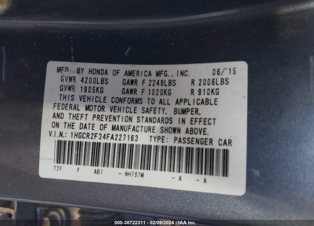 2015 HONDA ACCORD LX VIN: 1HGCR2F34FA227163