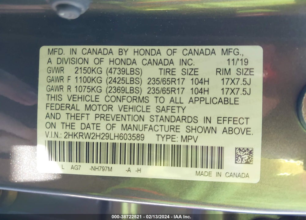 2020 HONDA CR-V AWD LX VIN: 2HKRW2H29LH603589