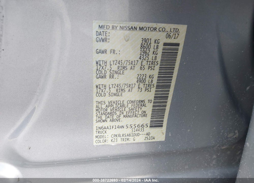 2017 NISSAN TITAN XD S GAS VIN: 1N6AA1F14HN555665