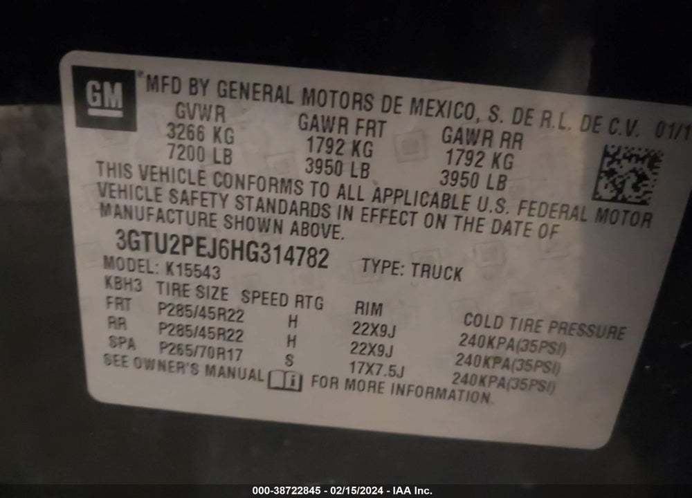 2017 GMC SIERRA 1500 DENALI VIN: 3GTU2PEJ6HG314782