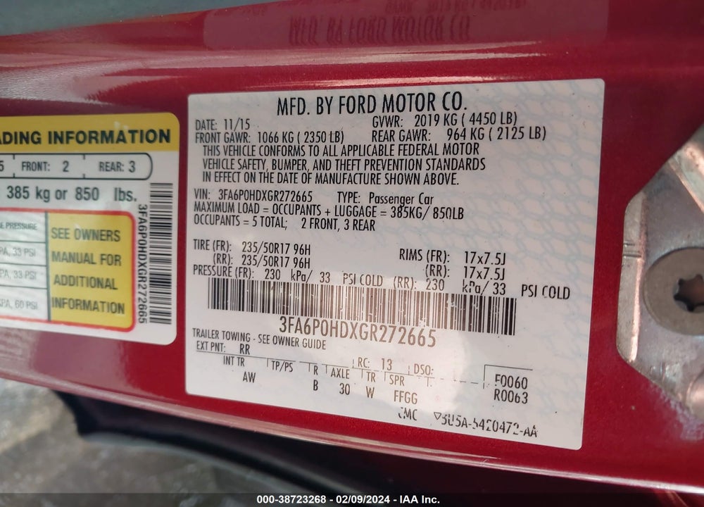 2016 FORD FUSION VIN: 3FA6P0HDXGR272665