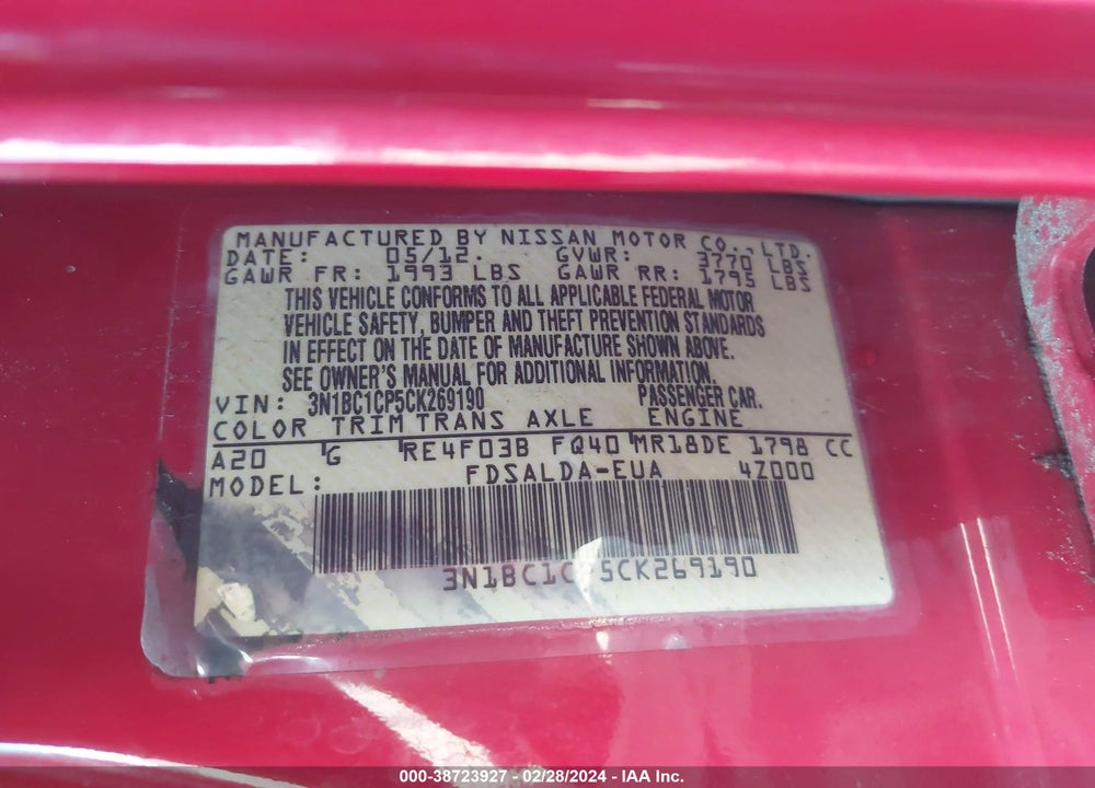 2012 NISSAN VERSA 1.8 S VIN: 3N1BC1CP5CK269190