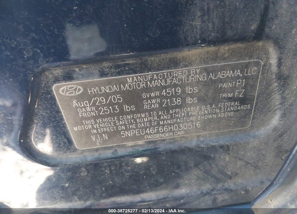 2006 HYUNDAI SONATA GLS V6/LX V6 VIN: 5NPEU46F66H030516