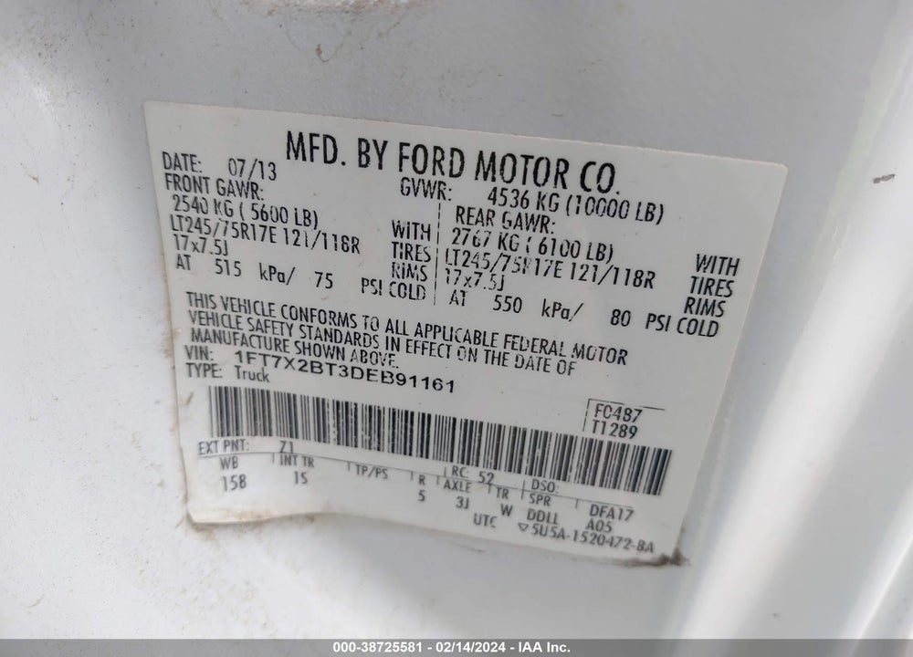 2013 FORD F-250 XL VIN: 1FT7X2BT3DEB91161