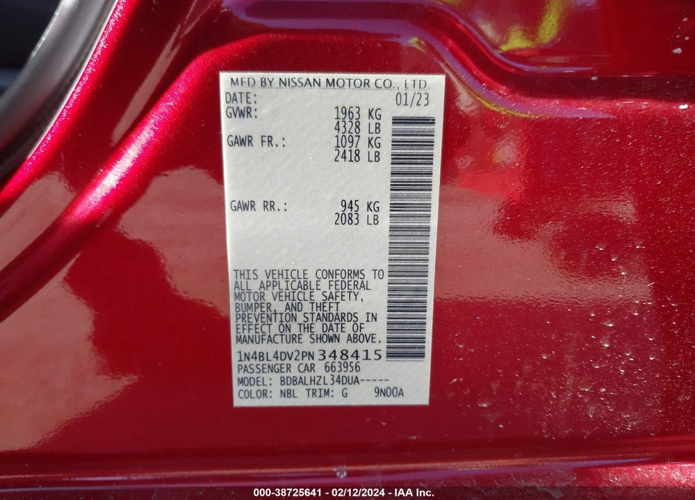 2023 NISSAN ALTIMA SV FWD VIN: 1N4BL4DV2PN348415