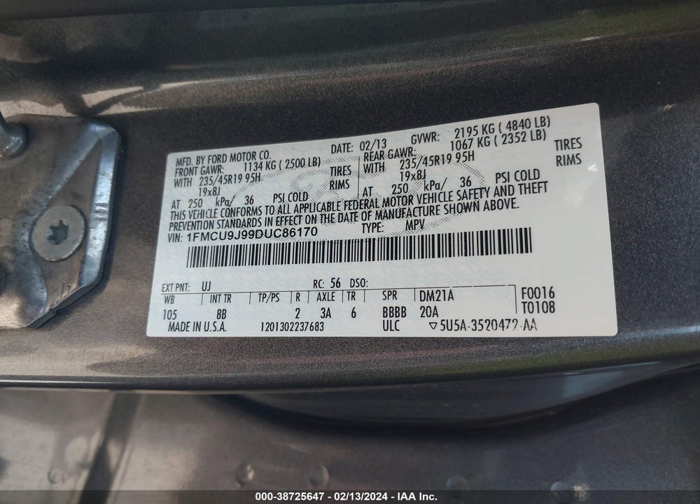 2013 FORD ESCAPE TITANIUM VIN: 1FMCU9J99DUC86170