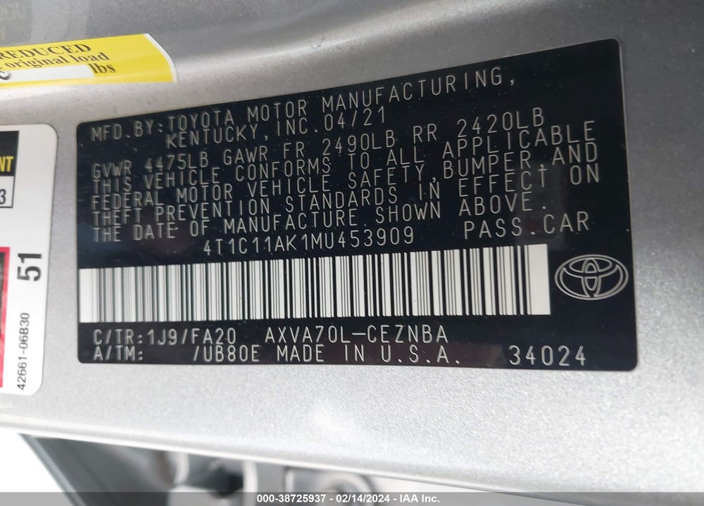 2021 TOYOTA CAMRY LE VIN: 4T1C11AK1MU453909