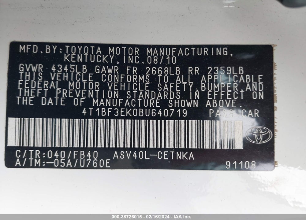 2011 TOYOTA CAMRY LE VIN: 4T1BF3EK0BU640719