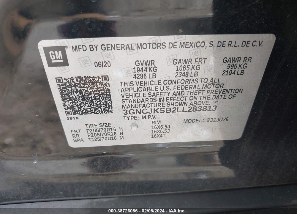 2020 CHEVROLET TRAX FWD LS VIN: 3GNCJKSB2LL283813