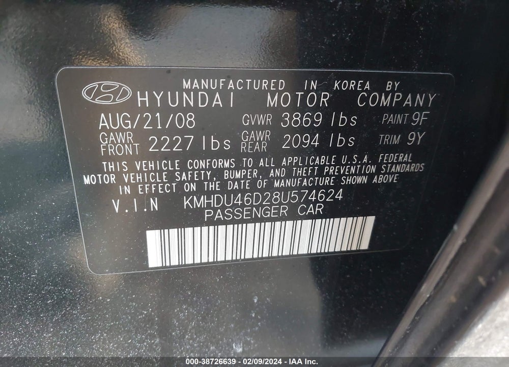 2008 HYUNDAI ELANTRA GLS/SE VIN: KMHDU46D28U574624