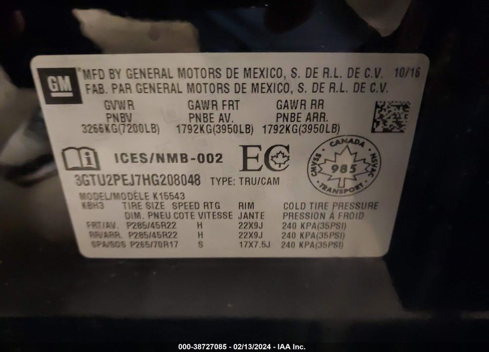 2017 GMC SIERRA 1500 DENALI VIN: 3GTU2PEJ7HG208048