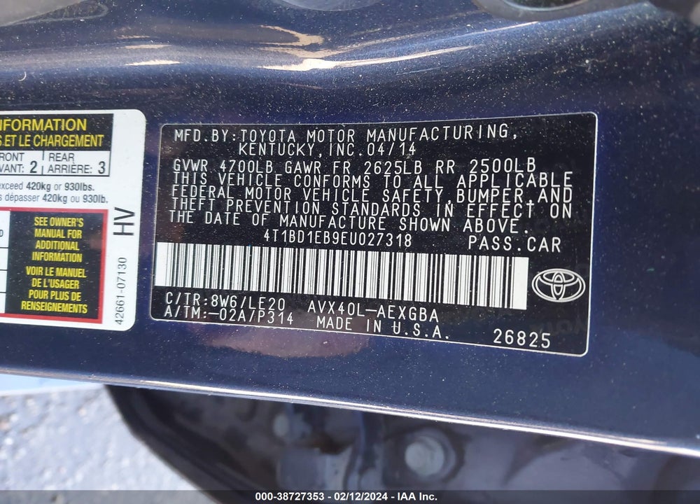 2014 TOYOTA AVALON HYBRID XLE TOURING VIN: 4T1BD1EB9EU027318