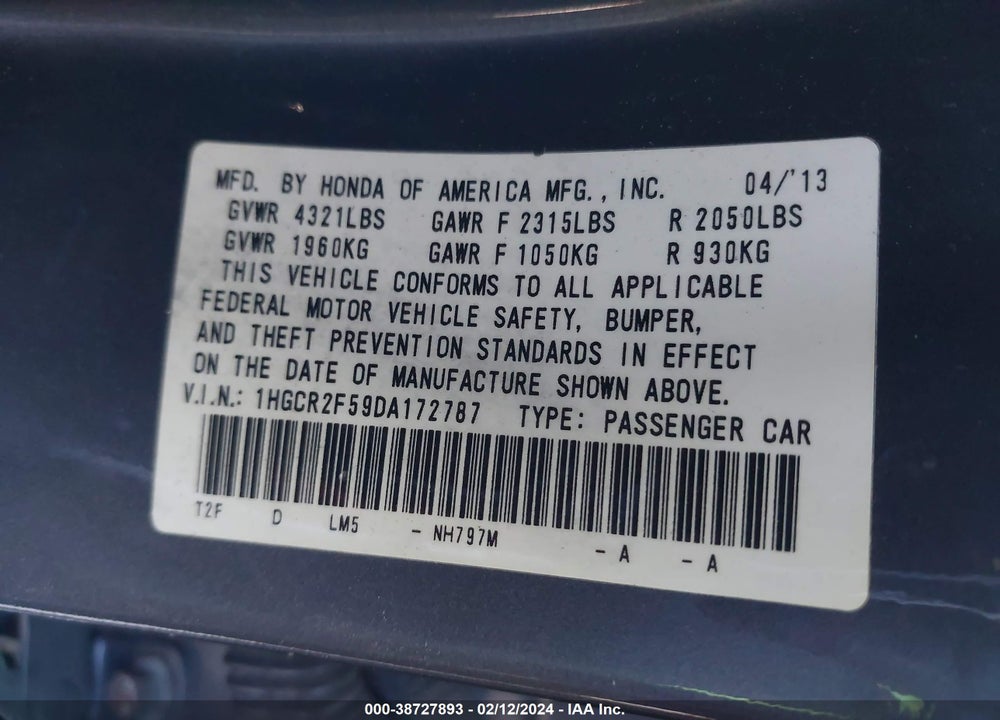 2013 HONDA ACCORD SPORT VIN: 1HGCR2F59DA172787