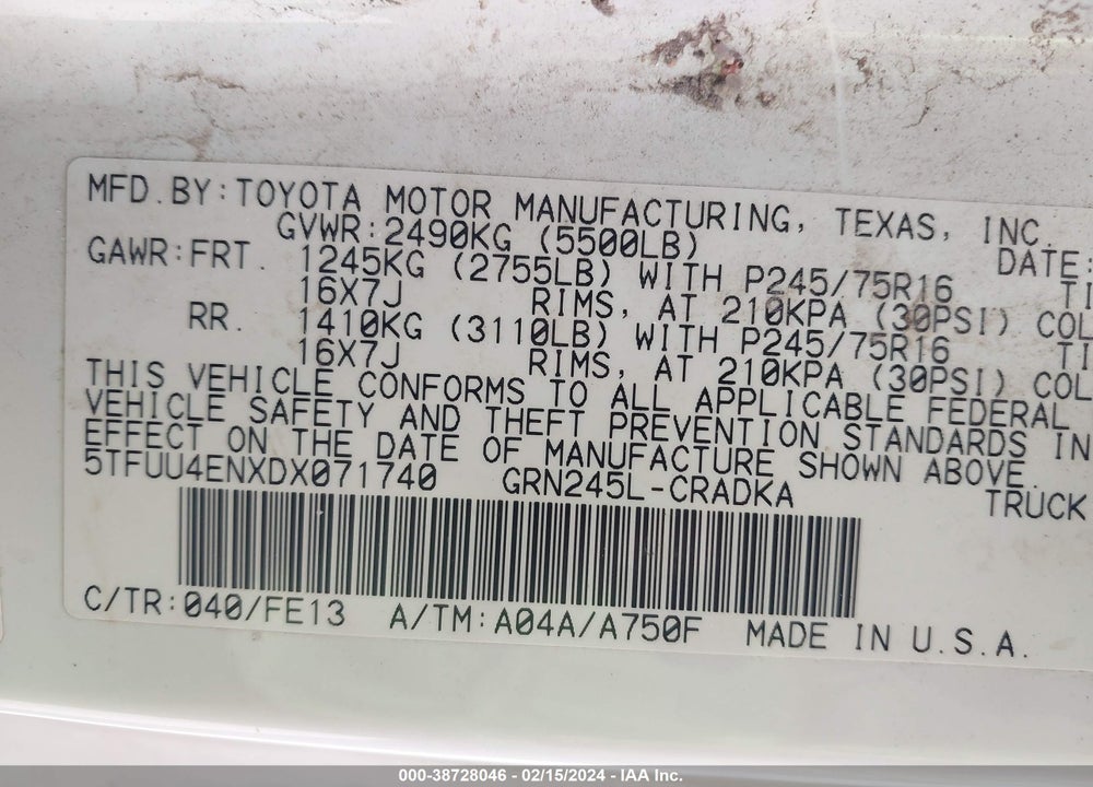 2013 TOYOTA TACOMA VIN: 5TFUU4ENXDX071740
