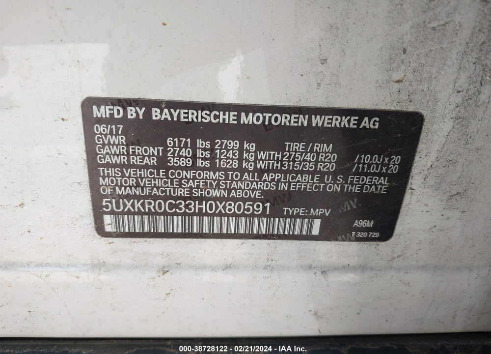 2017 BMW X5 XDRIVE35I VIN: 5UXKR0C33H0X80591