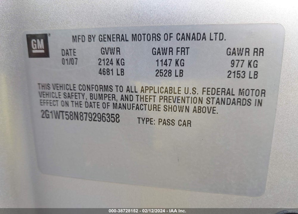2007 CHEVROLET IMPALA LT VIN: 2G1WT58N879296358