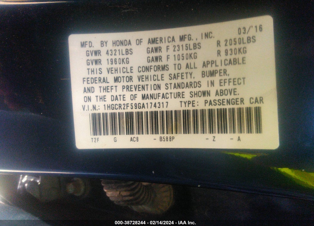 2016 HONDA ACCORD SPORT VIN: 1HGCR2F59GA174317