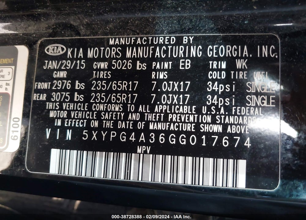 2016 KIA SORENTO 2.4L L VIN: 5XYPG4A36GG017674
