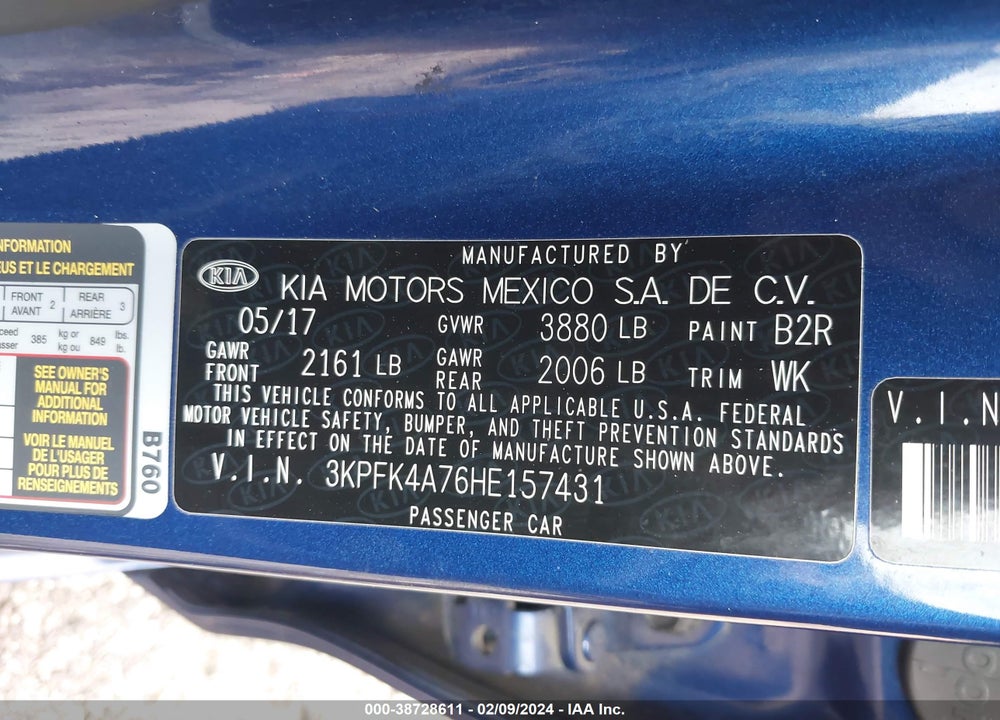2017 KIA FORTE LX VIN: 3KPFK4A76HE157431