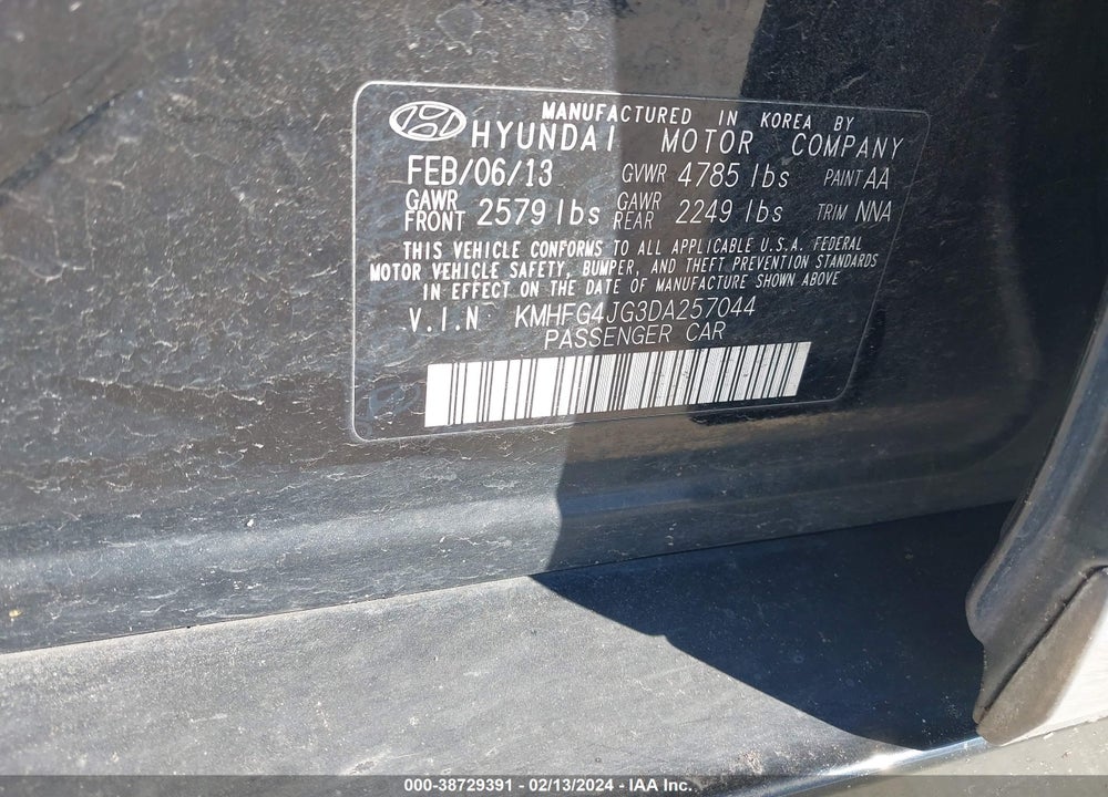 2013 HYUNDAI AZERA VIN: KMHFG4JG3DA257044