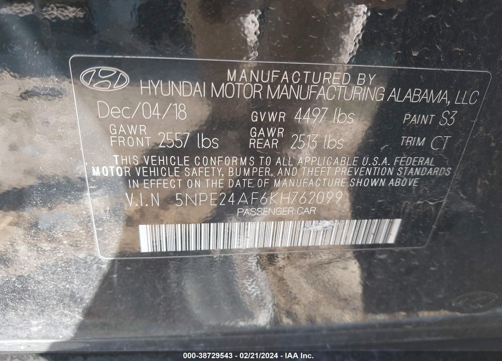 2019 HYUNDAI SONATA SE VIN: 5NPE24AF6KH762099