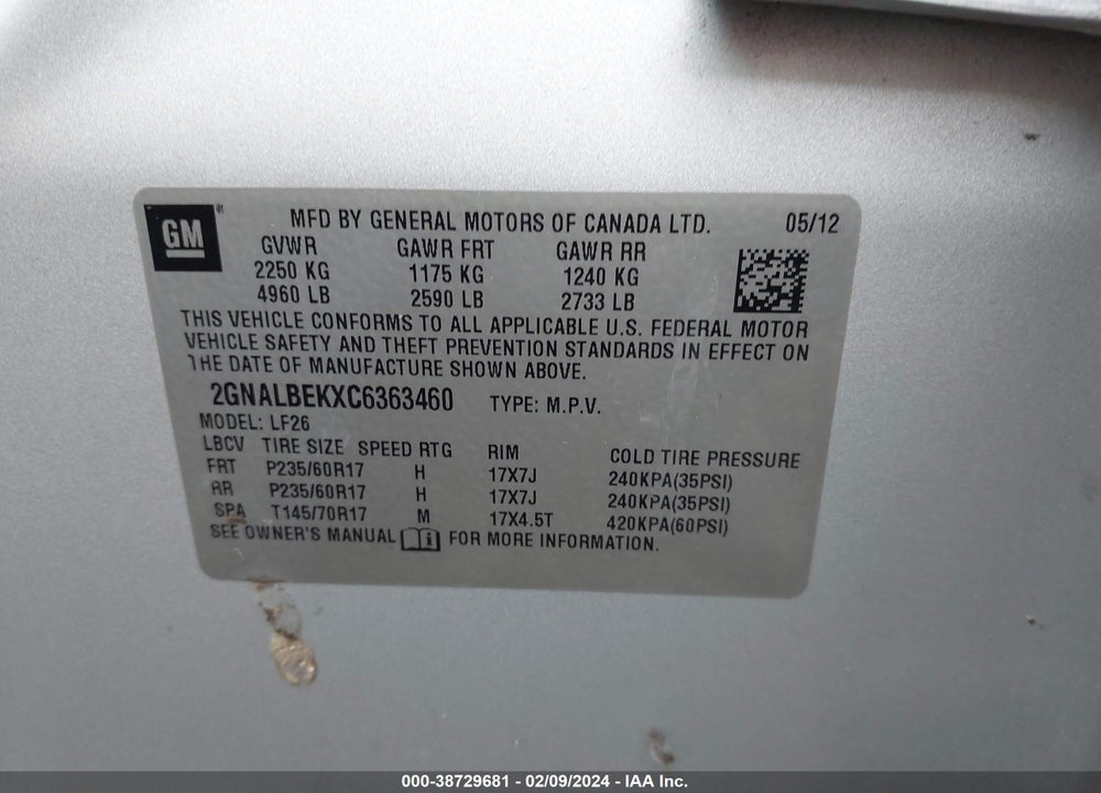 2012 CHEVROLET EQUINOX LS VIN: 2GNALBEKXC6363460