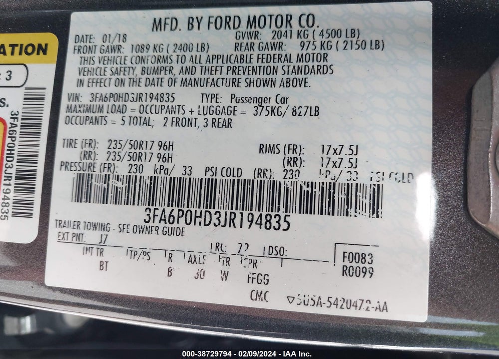 2018 FORD FUSION SE VIN: 3FA6P0HD3JR194835