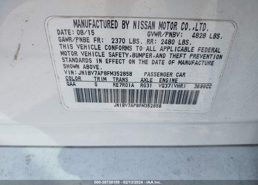 2015 INFINITI Q50 PREMIUM VIN: JN1BV7AP8FM352858