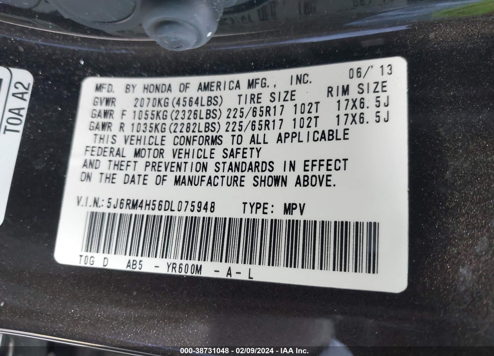 2013 HONDA CR-V EX VIN: 5J6RM4H56DL075948