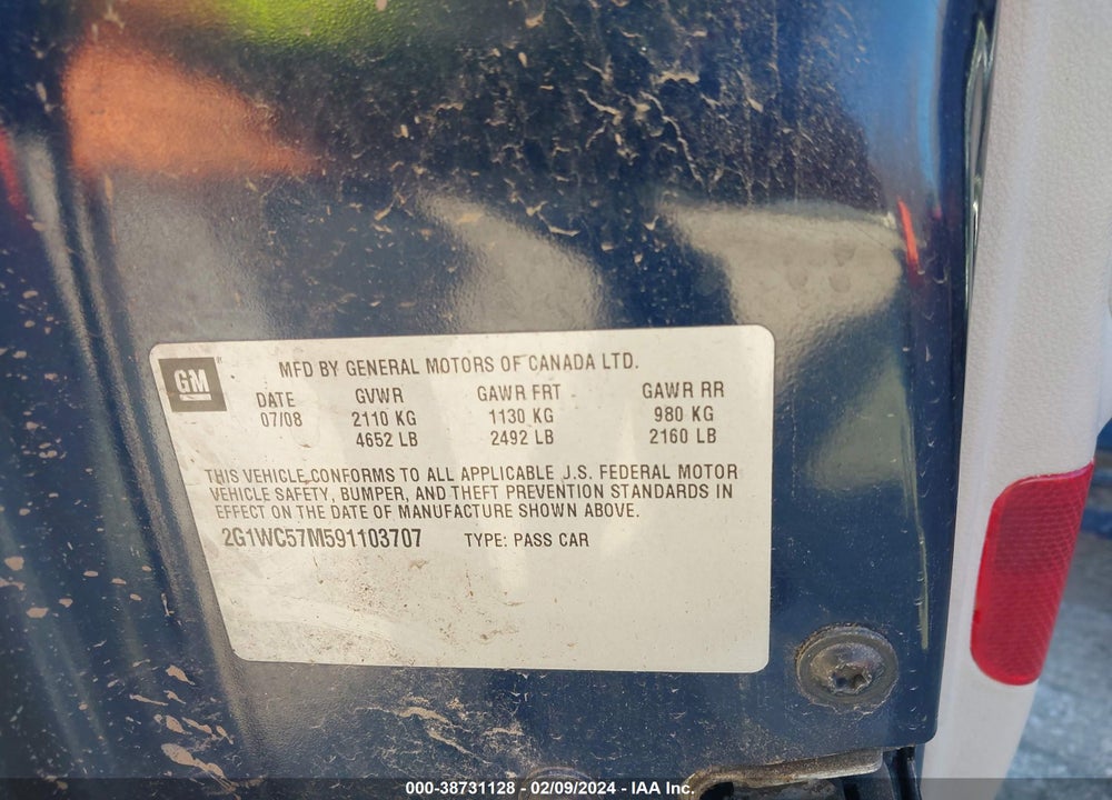 2009 CHEVROLET IMPALA VIN: 2G1WC57M591103707
