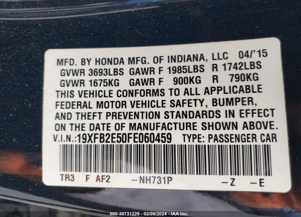 2015 HONDA CIVIC LX VIN: 19XFB2E50FE060459