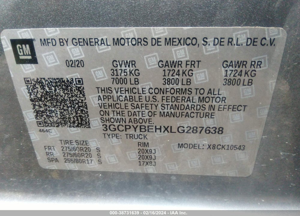 2020 CHEVROLET SILVERADO 1500 VIN: 3GCPYBEHXLG287638
