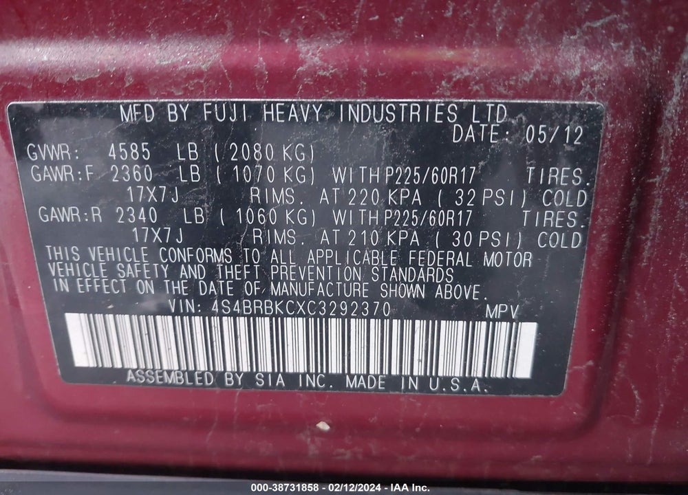 2012 SUBARU OUTBACK 2.5I LIMITED VIN: 4S4BRBKCXC3292370
