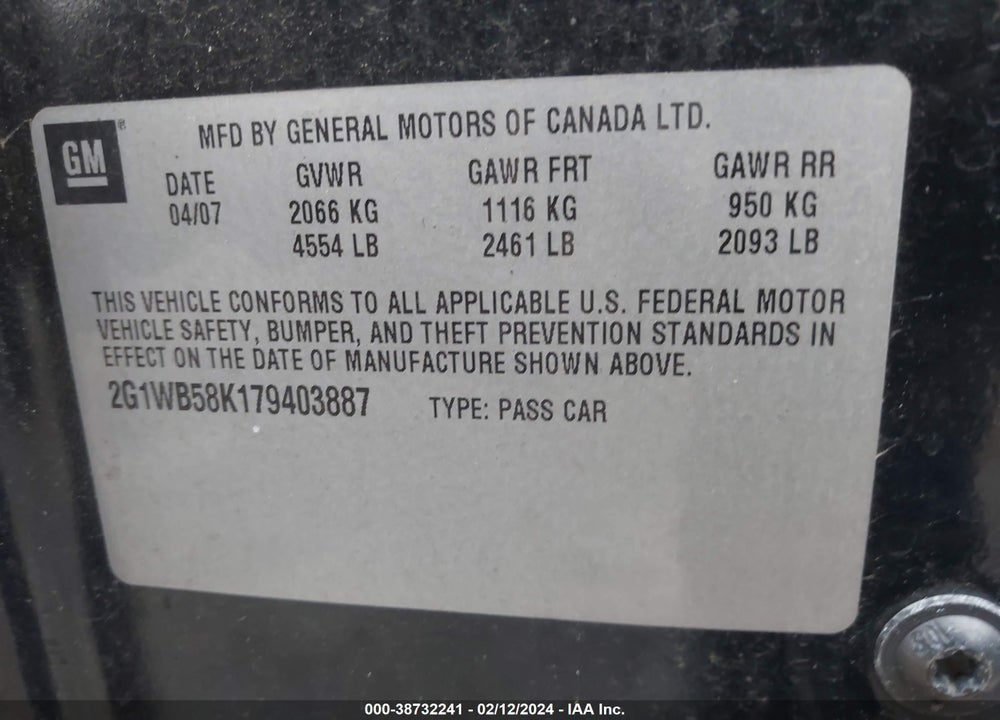 2007 CHEVROLET IMPALA LS VIN: 2G1WB58K179403887