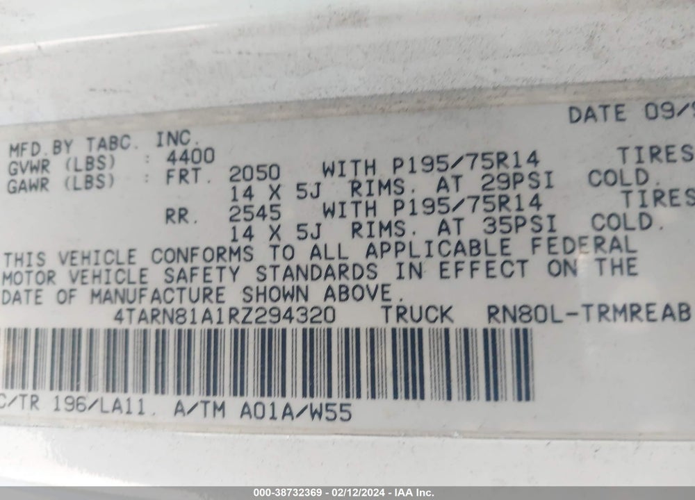1994 TOYOTA PICKUP 1/2 TON SHORT WHLBASE STB VIN: 4TARN81A1RZ294320