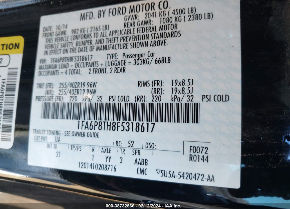 2015 FORD MUSTANG VIN: 1FA6P8TH8F5318617