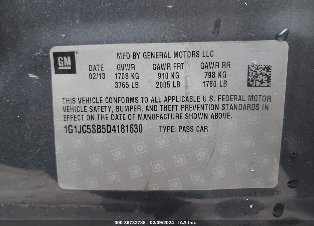 2013 CHEVROLET SONIC LT AUTO VIN: 1G1JC5SB5D4181630