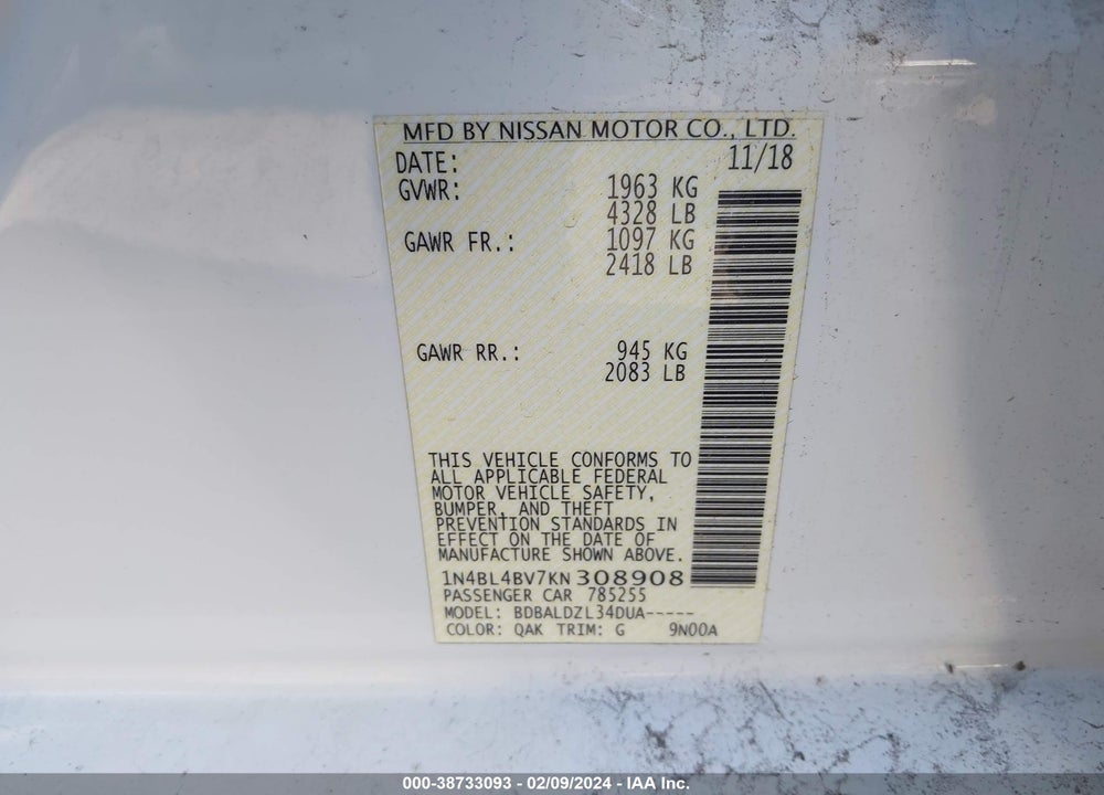 2019 NISSAN ALTIMA 2.5 S VIN: 1N4BL4BV7KN308908