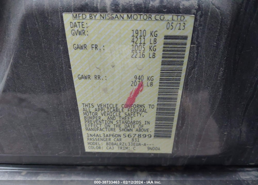 2013 NISSAN ALTIMA 2.5 S VIN: 1N4AL3AP6DN567899