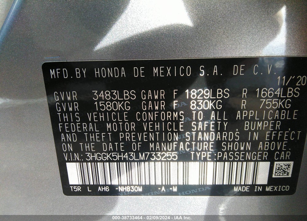 2020 HONDA FIT LX VIN: 3HGGK5H43LM733255