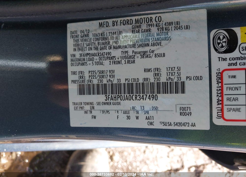 2012 FORD FUSION SEL VIN: 3FAHP0JA0CR347490