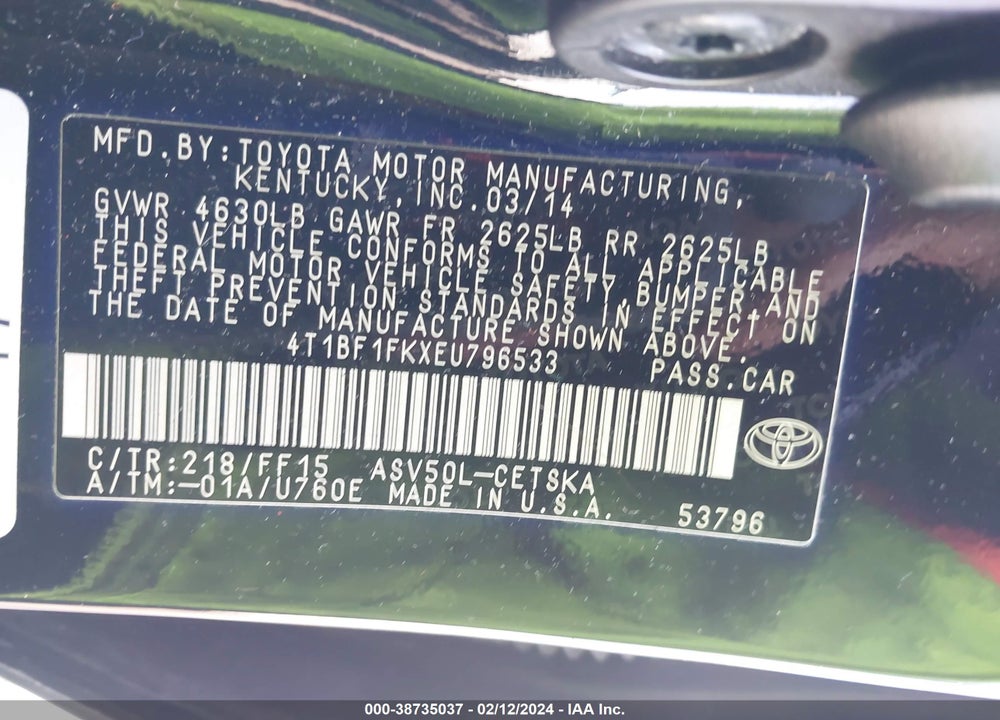 2014 TOYOTA CAMRY SE VIN: 4T1BF1FKXEU796533