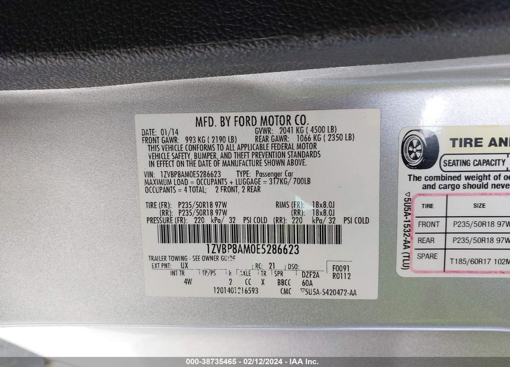 2014 FORD MUSTANG V6 PREMIUM VIN: 1ZVBP8AM0E5286623