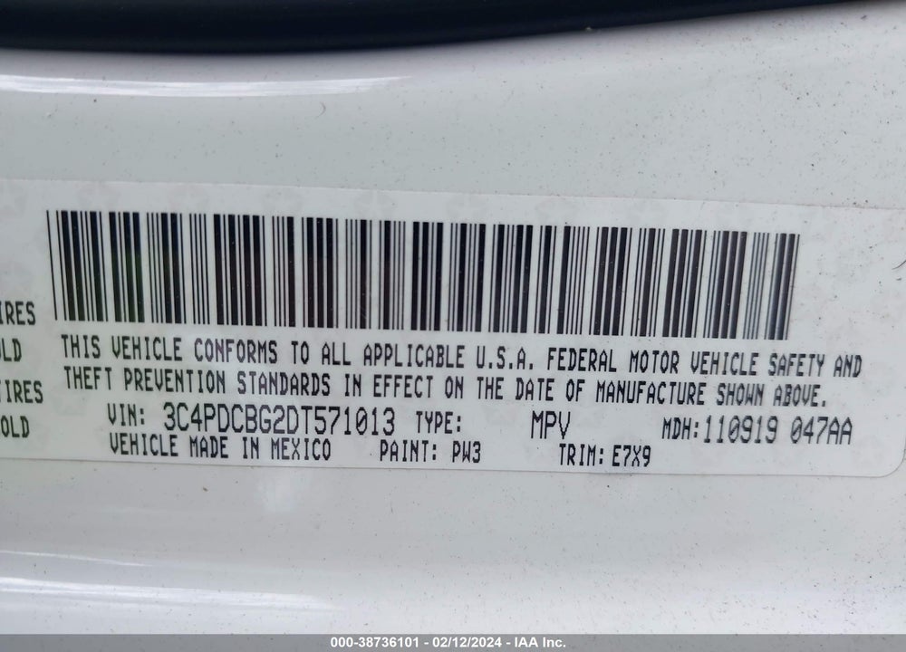 2013 DODGE JOURNEY SXT VIN: 3C4PDCBG2DT571013