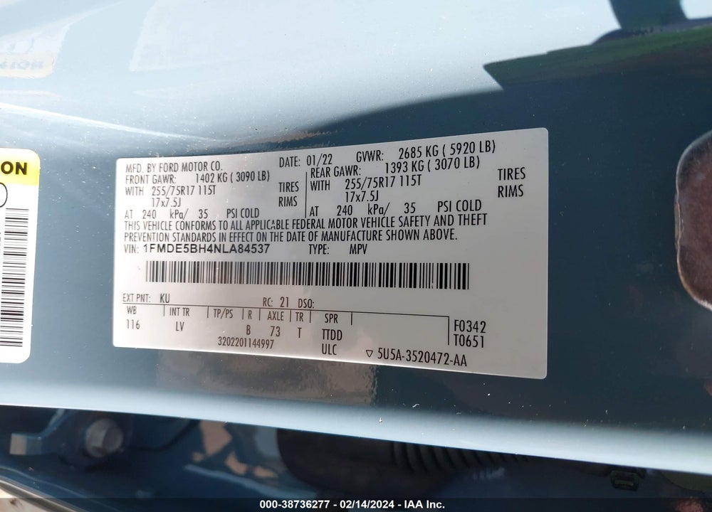 2022 FORD BRONCO BIG BEND VIN: 1FMDE5BH4NLA84537