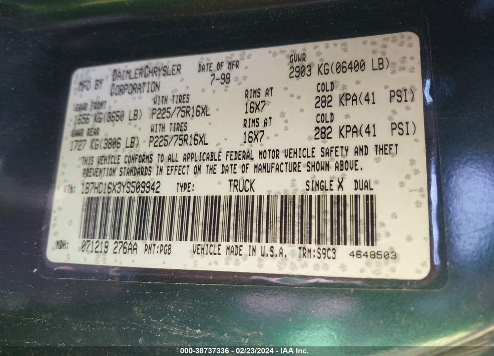 2000 DODGE RAM 1500 ST/WS VIN: 1B7HC16X3YS509942